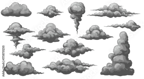 Collection of detailed gray cartoon clouds on white background