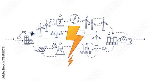 Renewable energy concepts with linear icons and lightning bolt