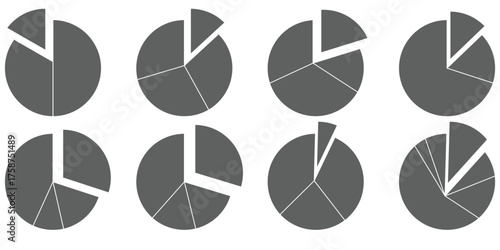 Set of black pie chart icons with different segment divisions, simple circular infographic symbols for business, finance, statistics, report data visualization, and analytics design 