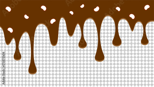 Wavy chocolate illustration. Dripping chocolate illustration background. Brown chocolate drip on transparent background.. Fast food chocolate drip illustration  Hand-drawn choco drip vector.