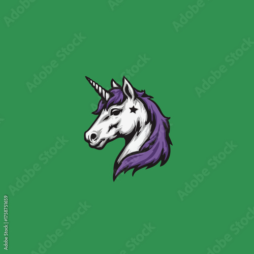 Mythical unicorn head illustration with purple mane, white horn, and black star detail, fantasy creature vector graphic art.