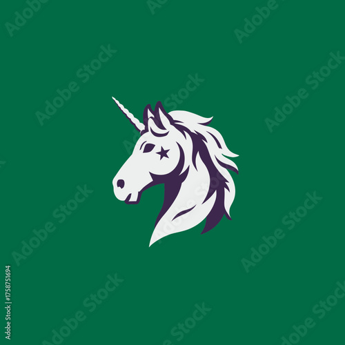 Elegant unicorn head profile illustration with a star design on a solid green background, mythical fantasy creature graphic