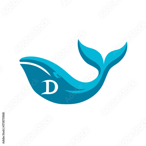 Abstract blue whale vector illustration, featuring a minimalist design with a hidden letter D, symbolizing ocean life, marine conservation, and aquatic themes.