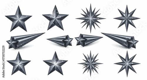 Detailed Metallic Star Icons Set Various Styles and Arrangements on a White Background