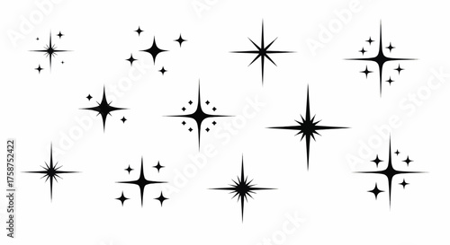Set of twelve shimmering starbursts, sparkles, and shining light effects, vector illustrations
