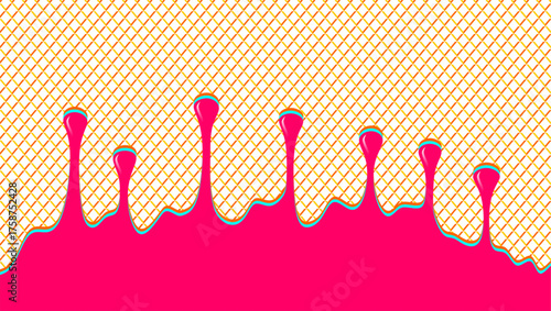Wavy syrup illustration. Dripping candy illustration background. Pink ice cream drip illustration. Fast food caramel drip illustration. Hand-drawn milk drip on waffle background.