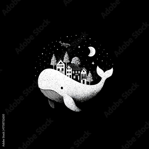 Whimsical stippled illustration of a fantasy town on a giant whale floating under a starry night sky with a crescent moon, dreamlike art.