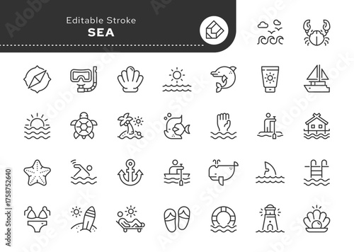 Sea line icon set. Ocean, waves, starfish, shark, whale, turtle, boat, anchor, swim, beach, island, fish, crab, snorkeling and more. Outline icon in linear style. Vector collection.	