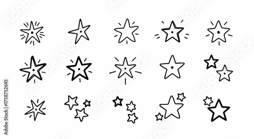 Hand-Drawn Star Icons Sparkle, Shine, and Success Symbols in Doodle Style