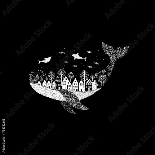Fantasy whale illustration with a whimsical village nestled inside, surrounded by trees and fish, black and white dot art style