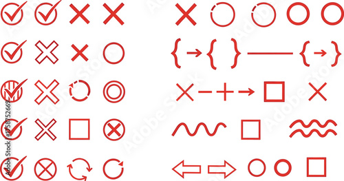 Red Checkmarks, Crosses, Circles, Arrows, and Geometric Symbols on White Background vector illustration