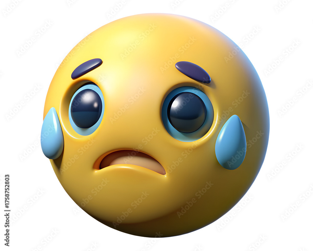 Fototapeta premium A 3d rendering of a crying emoji with tears streaming down its face isolated on transparent background