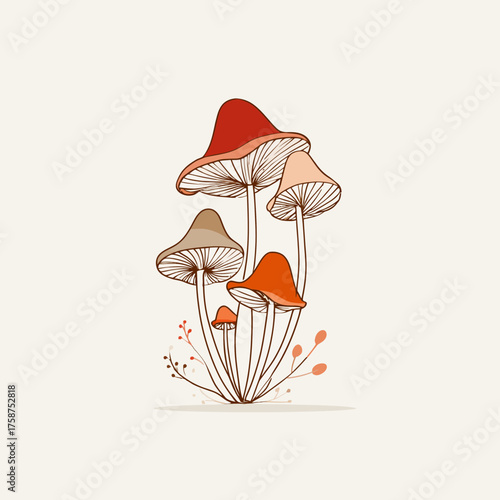 Whimsical illustration of colorful mushrooms cluster with detailed caps and gills, organic botanical drawing, autumn forest fungi art