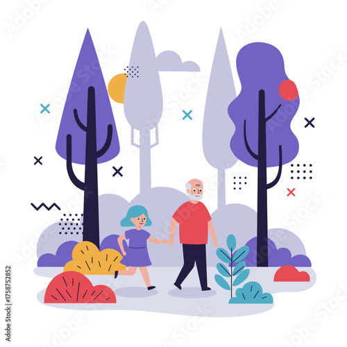 An elderly man walks with his granddaughter through a colorful forest landscape