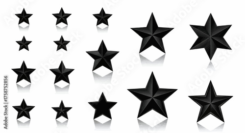 Collection of Shiny Black Stars in Various Sizes with Subtle Reflections