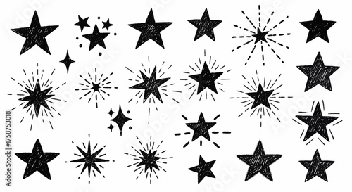 Collection of various black starburst and star shapes for decoration and design elements