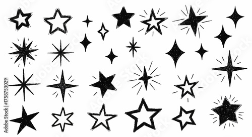 Creative set of hand-drawn stars, shiny sparkles, and twinkling elements. Sketch style vector icons isolated on a white background