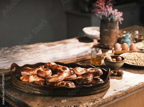 A tray of golden, freshly baked Lucia buns sits on a wooden kitchen table. Baking ingredients such as eggs, flour, and nuts are nearby, suggesting preparations for a Saint Lucia's Day celebration