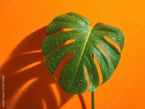 A green monstera leaf with water droplets creates a striking contrast against a vibrant orange background, casting a soft shadow to the left