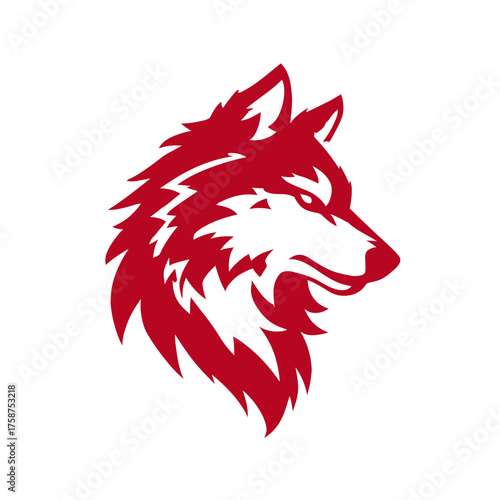 Red stylized wolf head illustration in profile, a powerful vector graphic representing wilderness, strength, and predatory animal spirit.