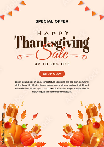 Poster Thanksgiving Sale Banner With Autumn Colors, Pumpkins, Gifts, and Festive Decorations for Promotion
