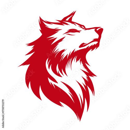 Dynamic red wolf head vector illustration, depicting strength, wild spirit, and predatory power, looking upwards in profile