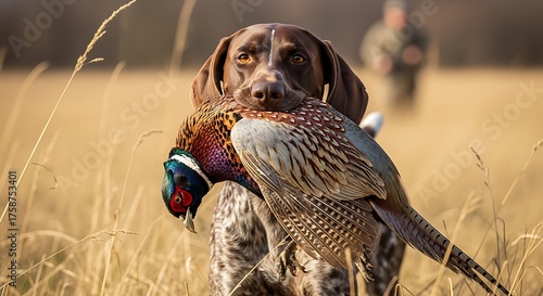 Skilled hunting dog proudly carries pheasant retrieved from field during autumn outdoor pursuit