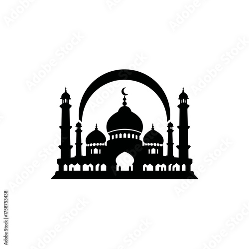 Ornate Islamic Mosque Silhouette Vector Illustration with Minarets, Domes, Crescent Moon, and Arch, Religious Worship Building