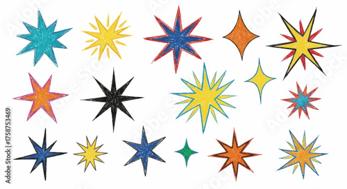 Dynamic set of colorful sparkle, burst, and star shapes, ideal for adding energy and impact to various creative designs and festive occasions