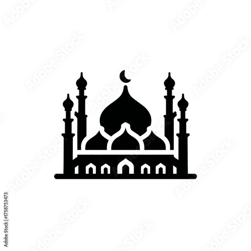 Black Mosque Silhouette Icon with Crescent Moon and Minarets. Islamic worship building outline, perfect for religious design.