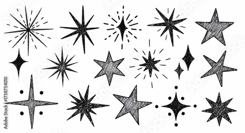 A diverse set of hand-drawn stars and sparkles in a doodle sketch style. Collection of celestial twinkle and starburst elements