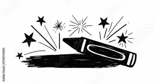 A hand-drawn sketch of a single wax crayon creating a magical spark of inspiration, illustrated with stars and bursts of creativity