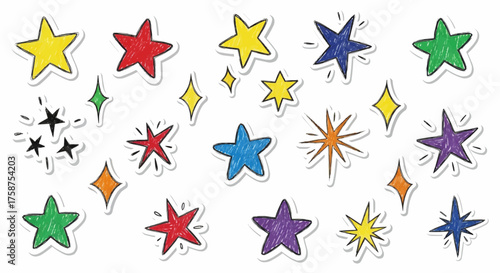 A vibrant collection of cheerful hand-drawn stars and sparkling doodle elements in a variety of colors, perfect for adding a whimsical touch to festive designs and creative projects