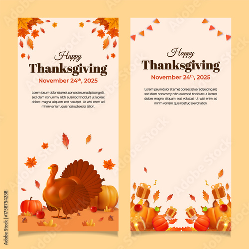 Set Vertical Happy Thanksgiving Celebration Posters With Autumn Leaves, Turkey, And Gift Bundles