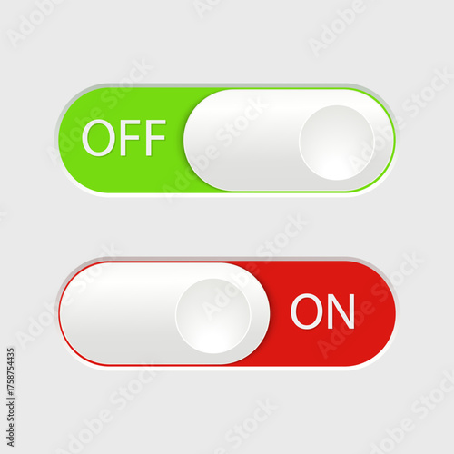 On and Off slider buttons. 3D red and green switch interface buttons on light background. Open and close UI icons. Active and inactive icon. Toggle buttons ON/OFF. Vector illustration