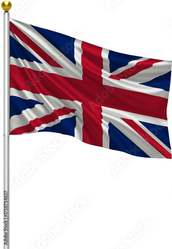 Realistic United Kingdom Flag Waving on Pole with Silk Fabric Texture, 3D Render Isolated on Transparent Background