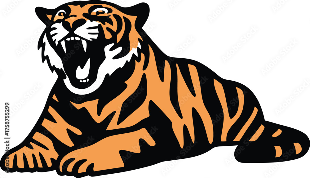 Obraz premium Cartoon Tiger Roaring While Lying Down Illustration on White Background