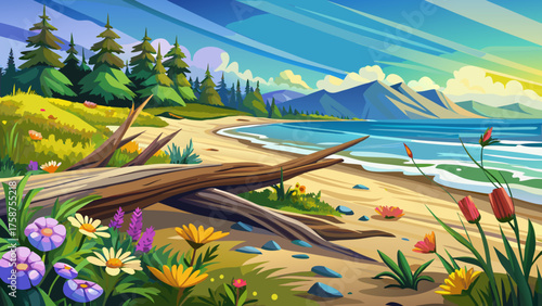 Very beautiful driftwood and wild coastal flowers resting on the sandy beach of Soldotna, Alaska, where gentle waves meet nature’s artistry in a peaceful and colorful shoreline scene.