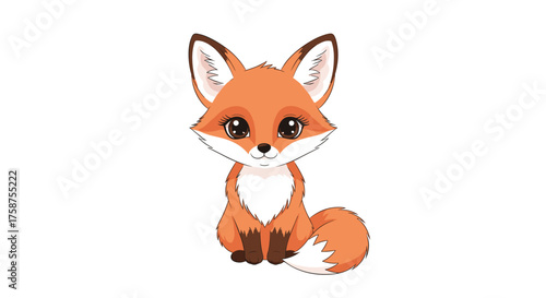 A charming and adorable cartoon fox sits attentively with its bushy tail curled behind it