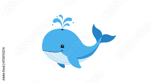 A cartoon illustration of a happy blue whale spouting water high into the air with a white background.