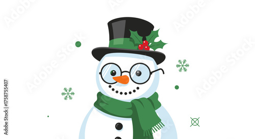 A cheerful snowman wearing a black top hat a green scarf and glasses on a white background.