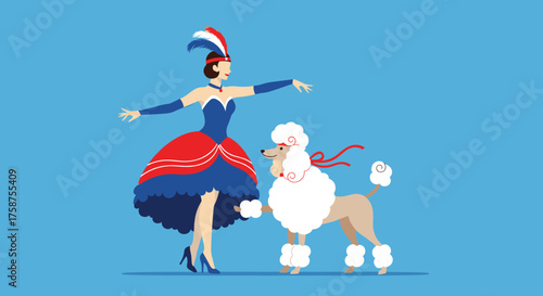 A vintage performer in a red white and blue cancan dress dances with a meticulously groomed poodle.