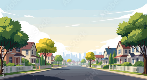 A picturesque suburban street bathed in warm morning sunlight with charming houses and lush green trees lining the road.