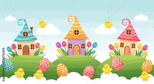 Charming Easter village scene with colorful houses adorable chicks and decorated eggs on a grassy hill under a clear blue sky.
