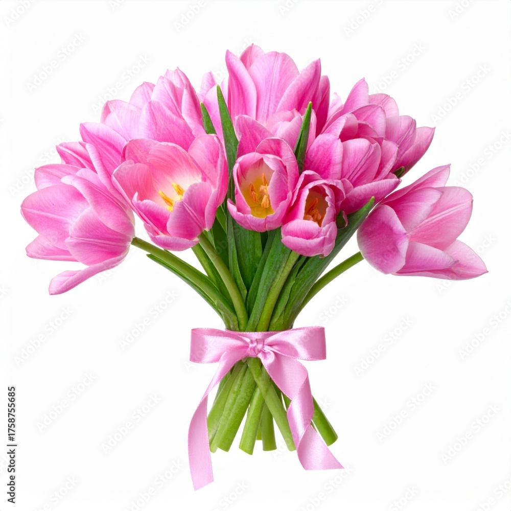 Obraz premium Delicate Pink Tulips Bouquet Tied with Ribbon on a Clean White Background
