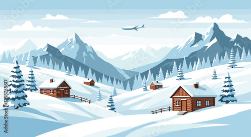 A peaceful winter landscape with snow covered cabins nestled amongst pine trees and majestic mountains.