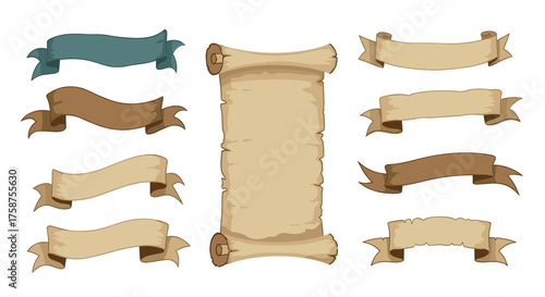 collection of vintage and medieval style decorative banners and scrolls for design elements.