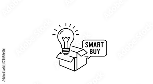 Smart Buy Idea Lightbulb Emerging from Open Box Icon.