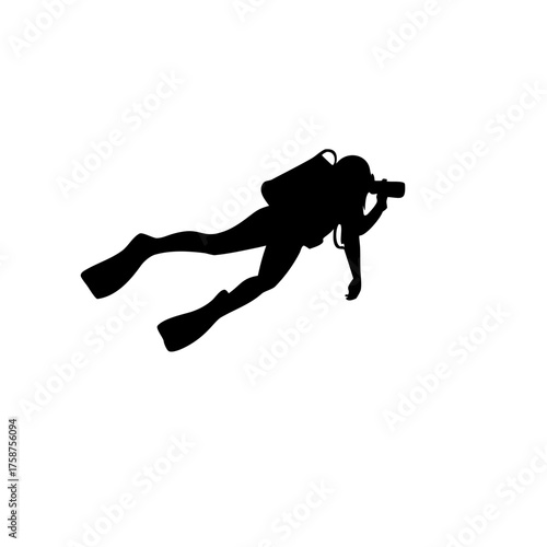 black silhouette of scuba diver underwater