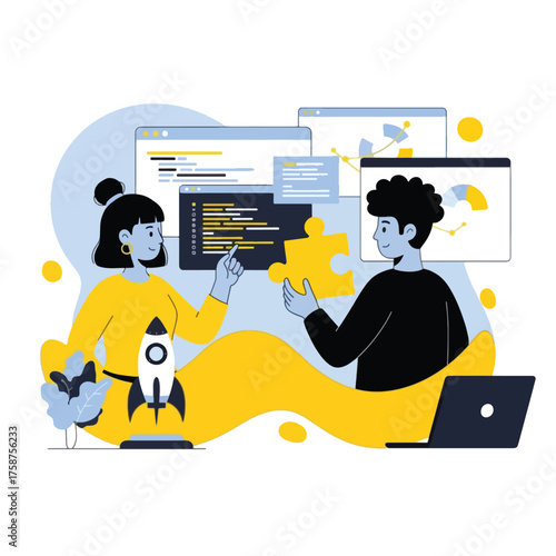 Two developers collaborate on a project, working on code and data analysis